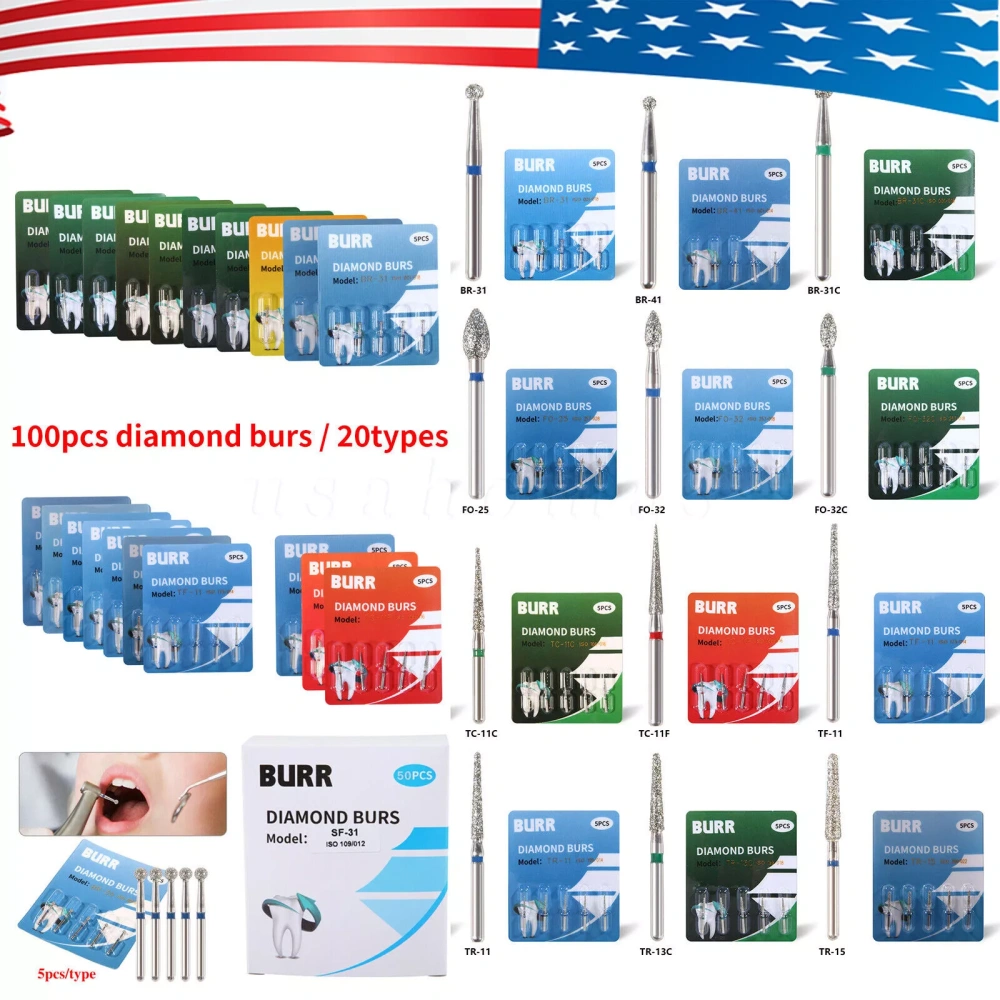 100pcs Dental Diamond Burs For High Speed Handpiece Friction Grip FG1.6mm