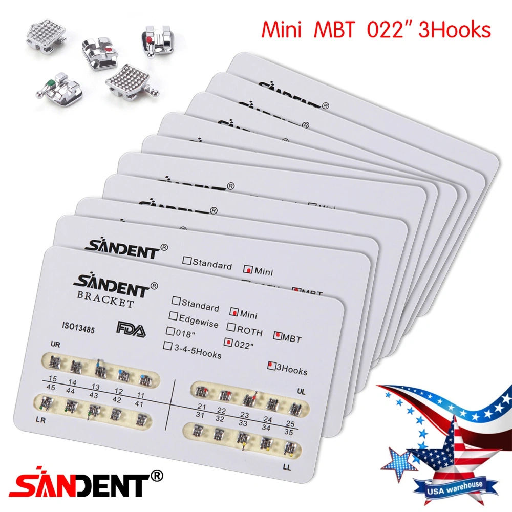 10 packs Dental Metal Orthodontic Bracket Braces Roth/MBT 022" Slot 3/345 hooks
