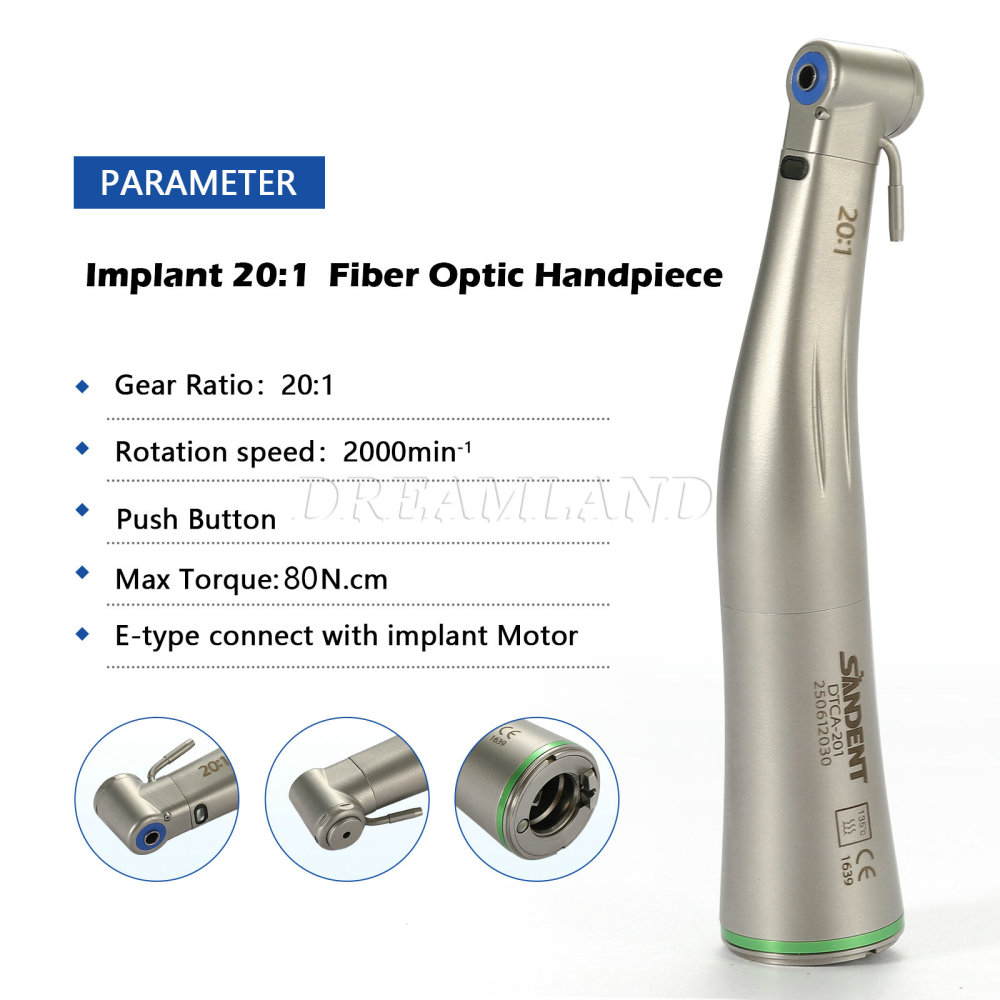 LED Fiber Optic Dental 20:1 Implant Contra Angle Low Speed Handpiece Push Button SANDENT