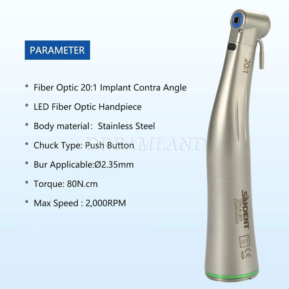 LED Fiber Optic Dental 20:1 Implant Contra Angle Low Speed Handpiece Push Button SANDENT
