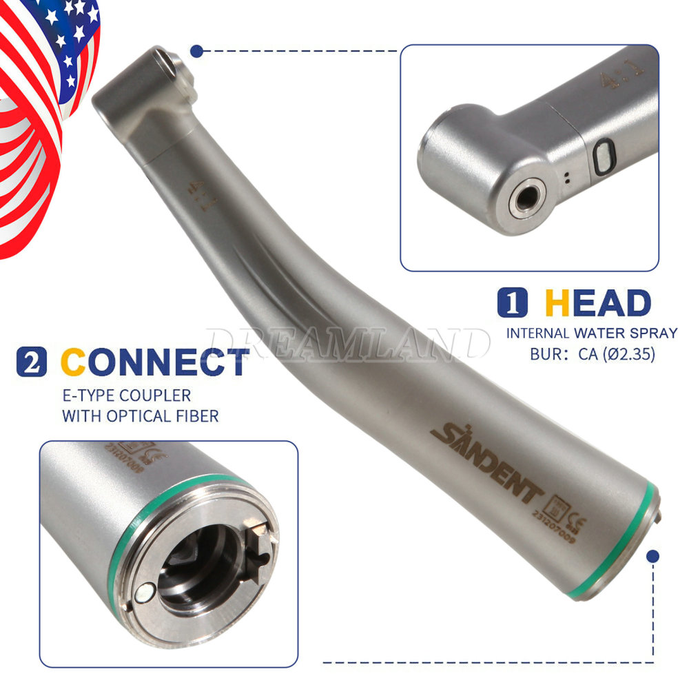 Dental LED Fiber Optic Contra Angle 4:1 Low Speed Handpiece E-type