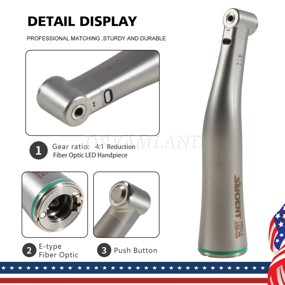 Dental LED Fiber Optic Contra Angle 4:1 Low Speed Handpiece E-type