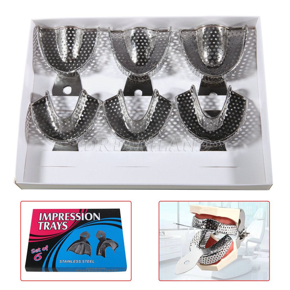 Dental Impression Trays Metal Perforated 6PC Upper/Lower S/M/L