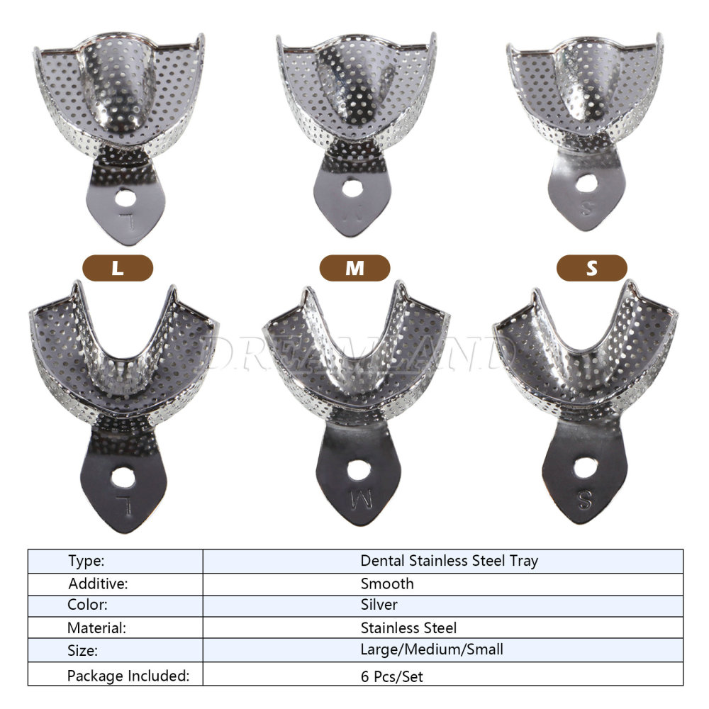 Dental Impression Trays Metal Perforated 6PC Upper/Lower S/M/L