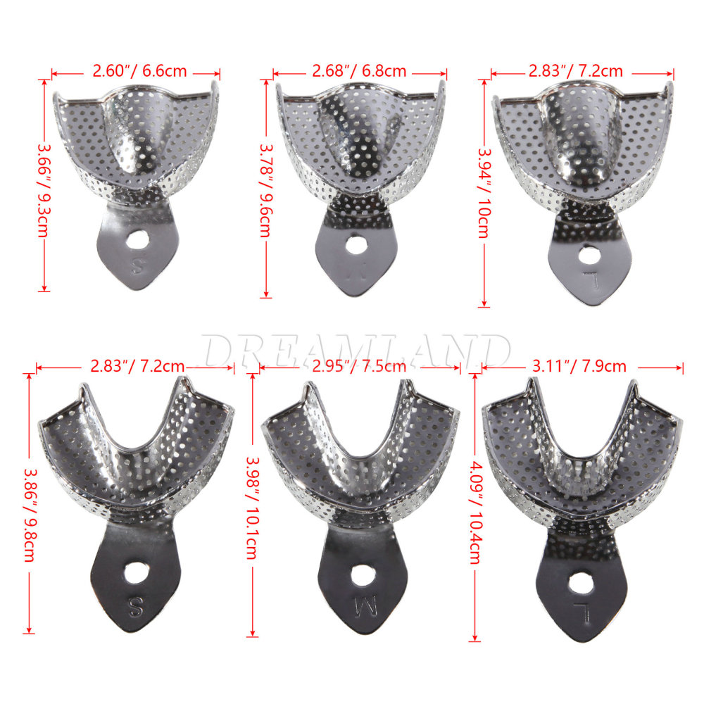 Dental Impression Trays Metal Perforated 6PC Upper/Lower S/M/L
