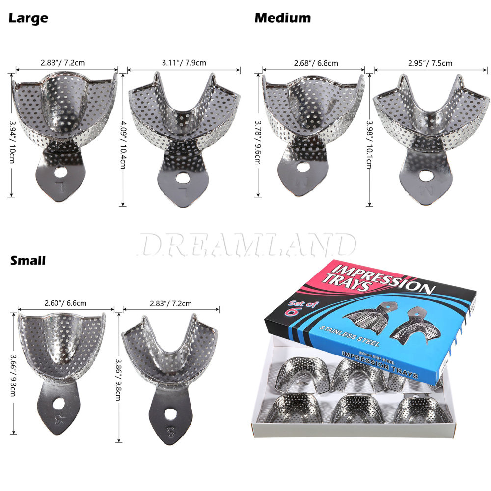 Dental Impression Trays Metal Perforated 6PC Upper/Lower S/M/L