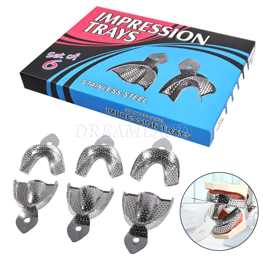 Dental Impression Trays Metal Perforated 6PC Upper/Lower S/M/L