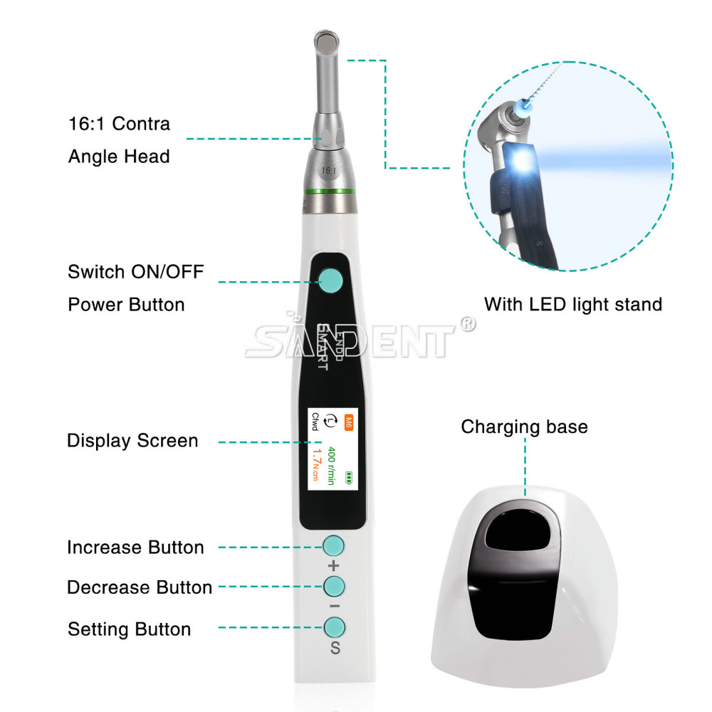 SANDENT Dental Endodontic Cordless LED Endo Motor 16:1 Contra Angle Handpiece