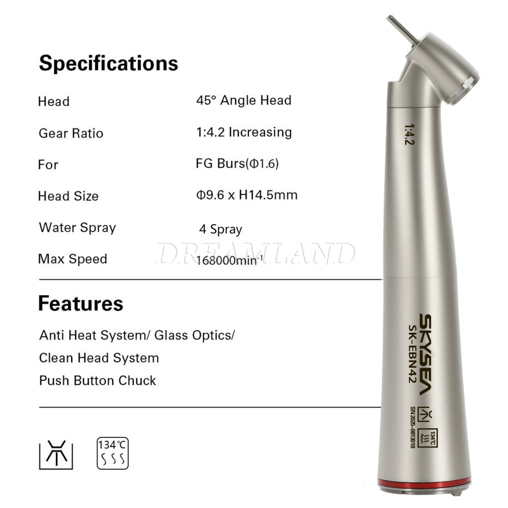 SKYSEA Dental 1:4.2 Increasing 45° Angle Fiber Optic LED Contra Angle Handpiece