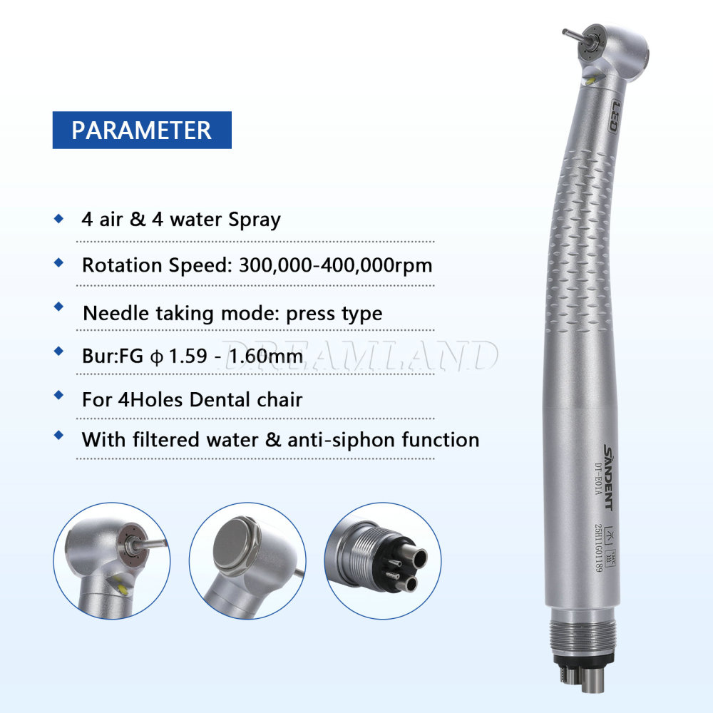 New SANDENT E-generator Dental LED Fiber Optic High Speed Handpiece 4 Holes standard head DTA