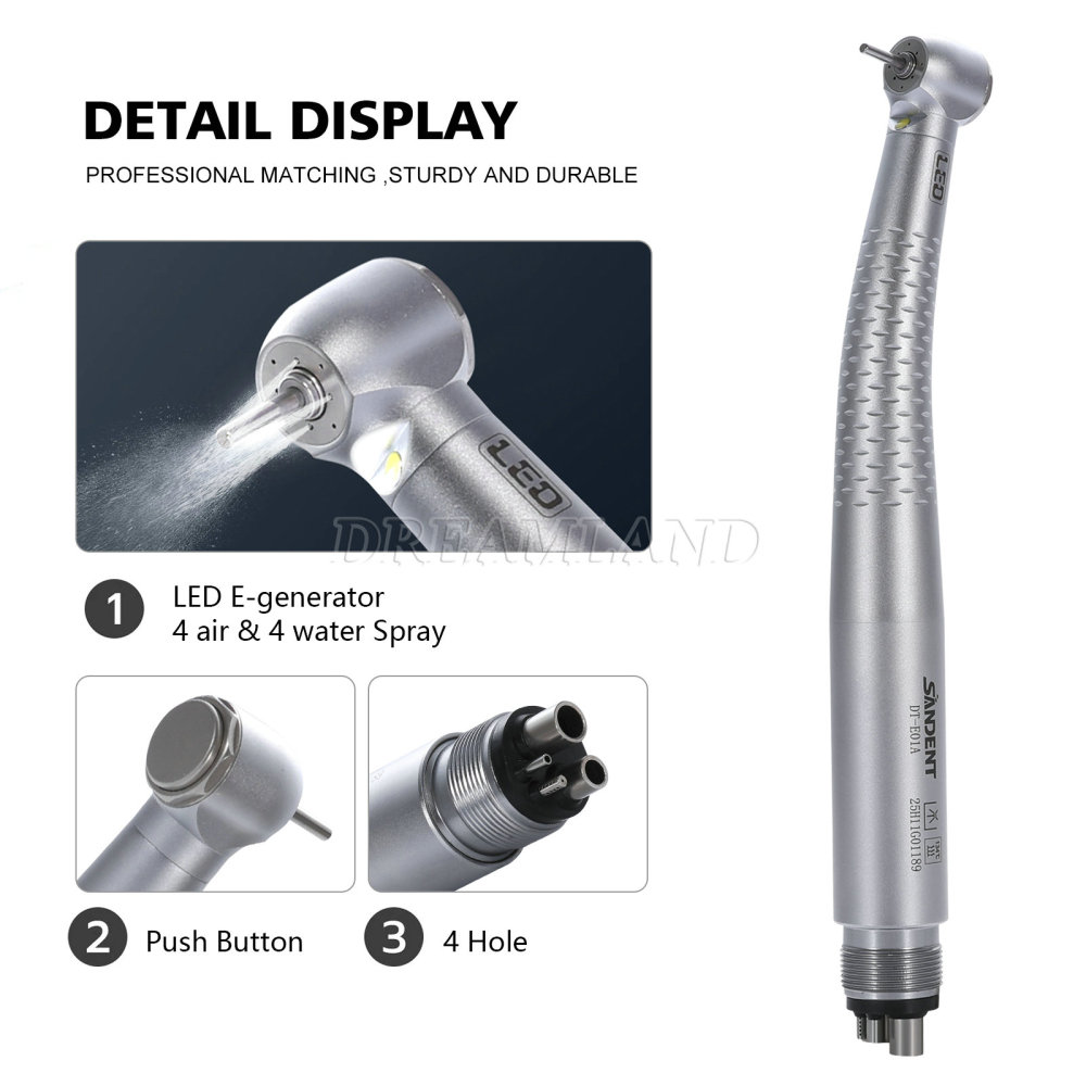New SANDENT E-generator Dental LED Fiber Optic High Speed Handpiece 4 Holes standard head DTA