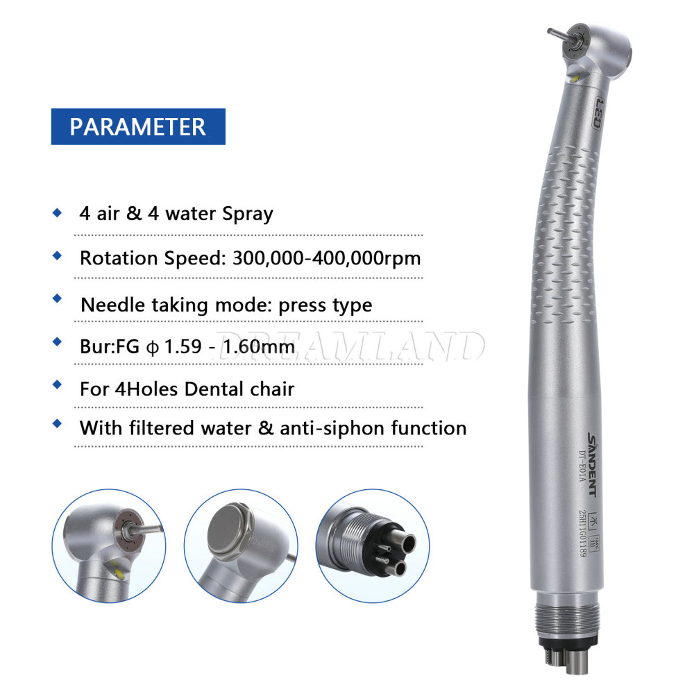 New SANDENT E-generator Dental LED Fiber Optic High Speed Handpiece 4 Holes standard head DTA