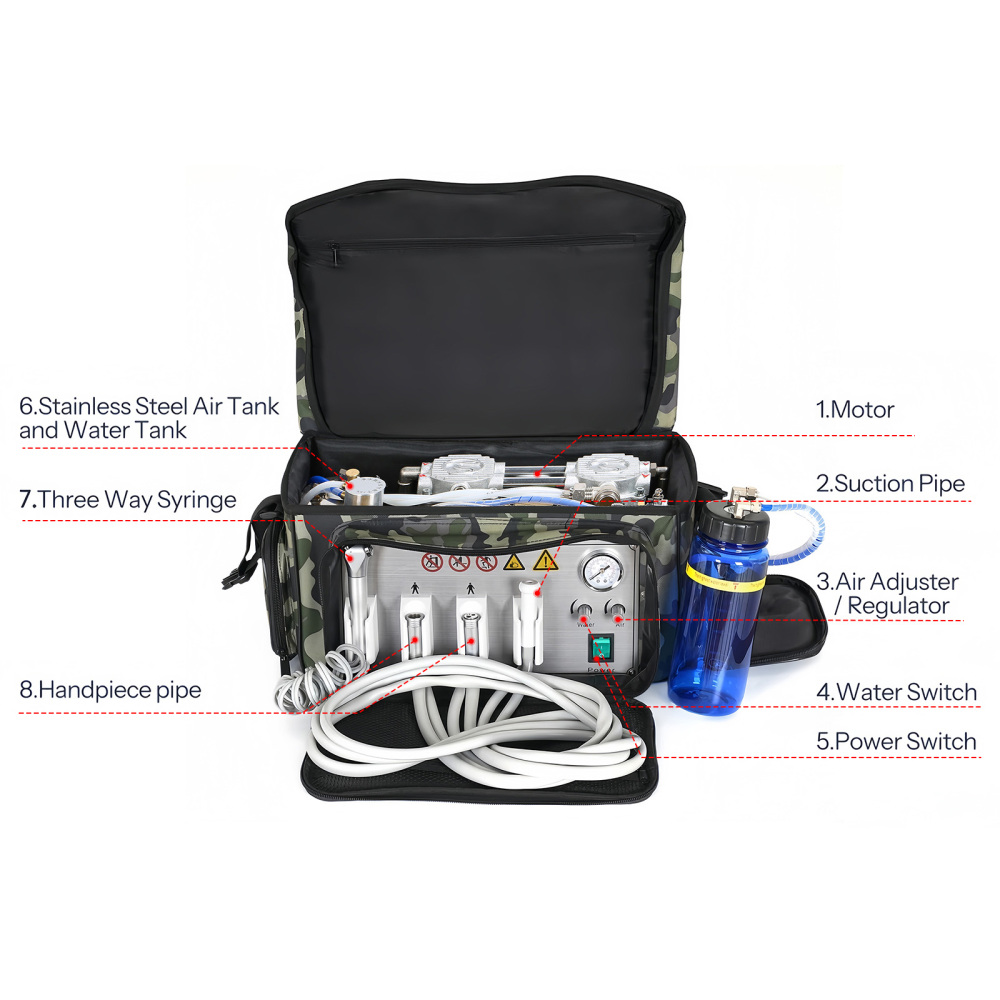 Portable Dental Delivery Unit with Air Compressor Suction System Backpack type
