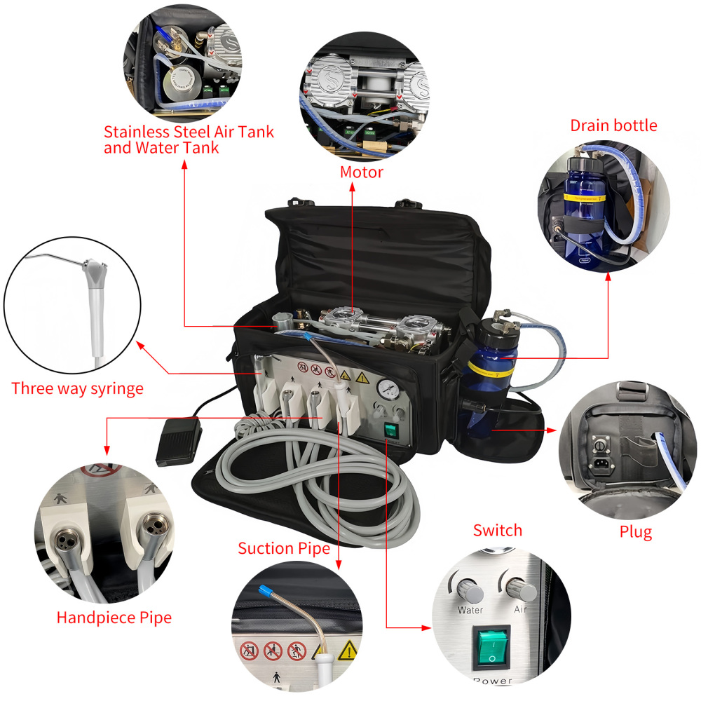 Portable Dental Delivery Unit with Air Compressor Suction System Backpack type