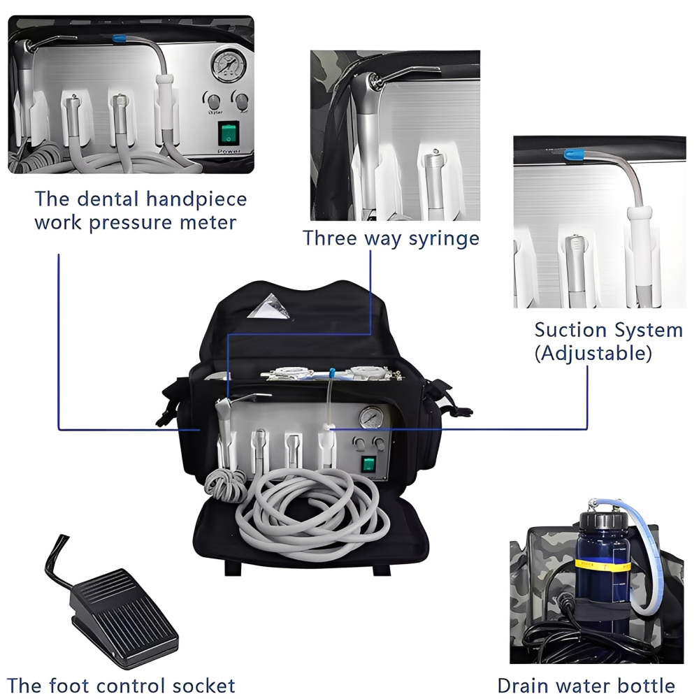 Portable Dental Delivery Unit with Air Compressor Suction System Backpack type