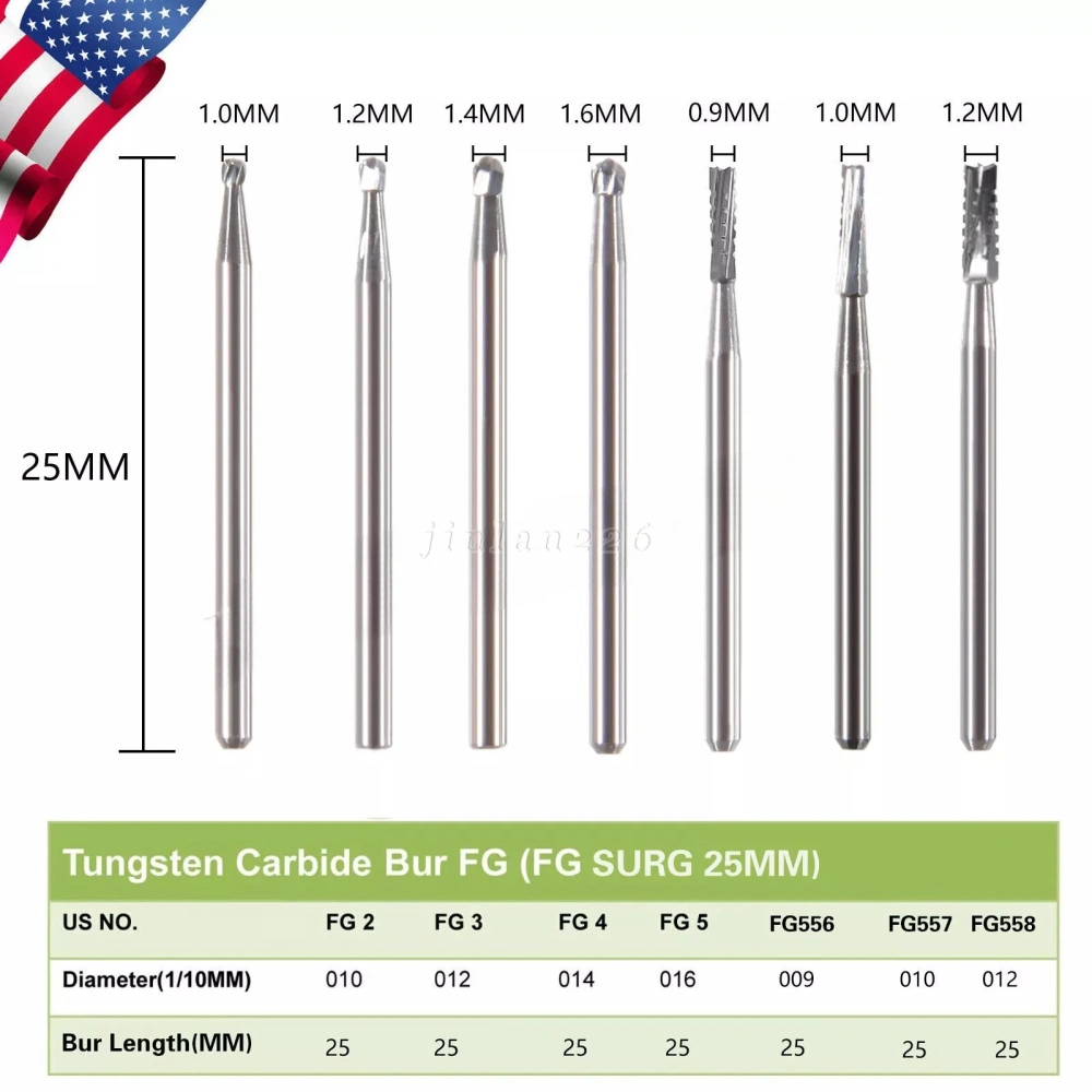 5pcs Dental surgical Tungsten Carbide Burs 25mm long FG-557L FG-558 FG-556 FG-05 FG-04 FG-03 FG-02  FG-330