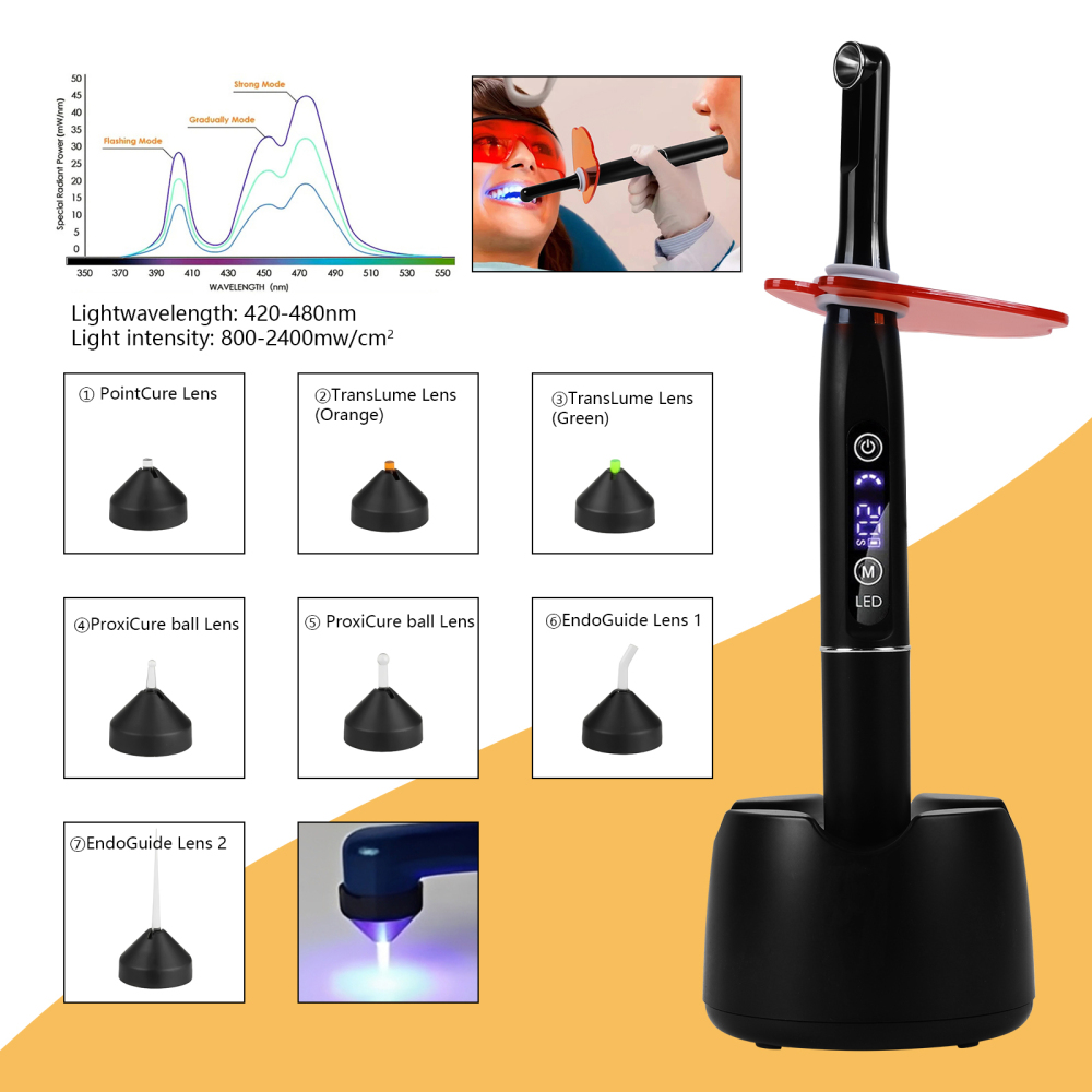 Potable Wireless LED Curing Light 1 Second with 7 Working Head Lens 2400mW
