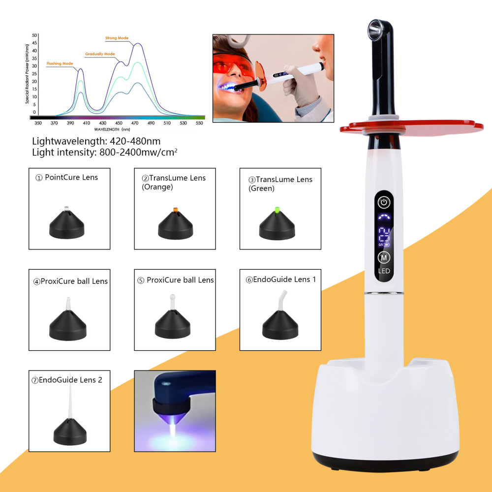 Potable Wireless LED Curing Light 1 Second with 7 Working Head Lens 2400mW