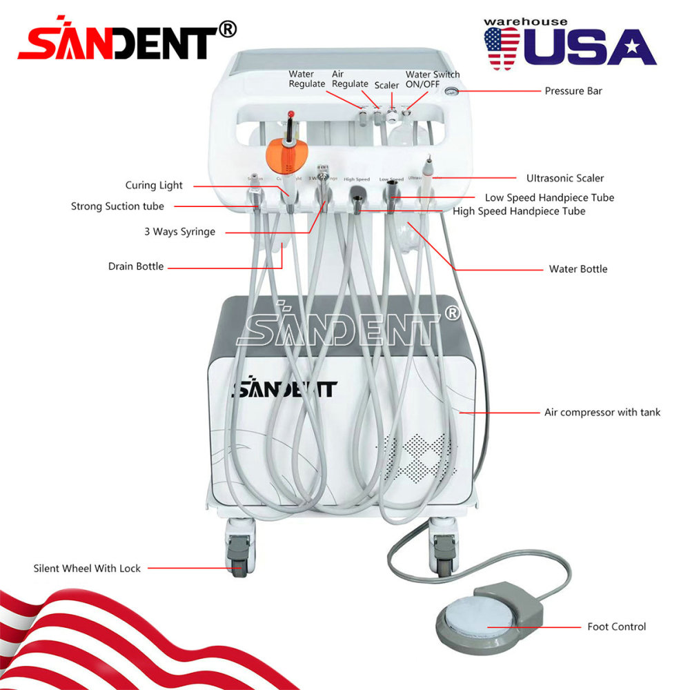 Dental Mobile Delivery Unit System 4 Holes Air Compressor Portable Suction Cart
