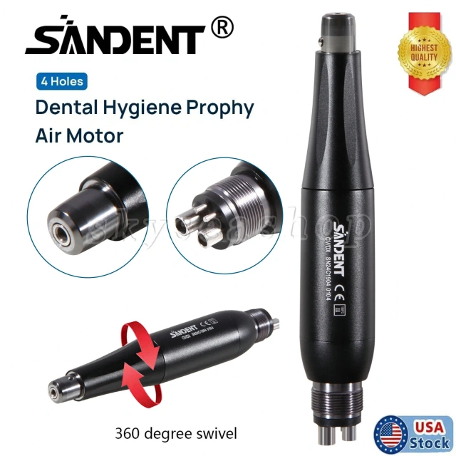 Dental Low-Speed Air Motor Handpiece With 4:1 Reduction Nose Cones – 4-Hole, 360° Straight, 4000 RPM