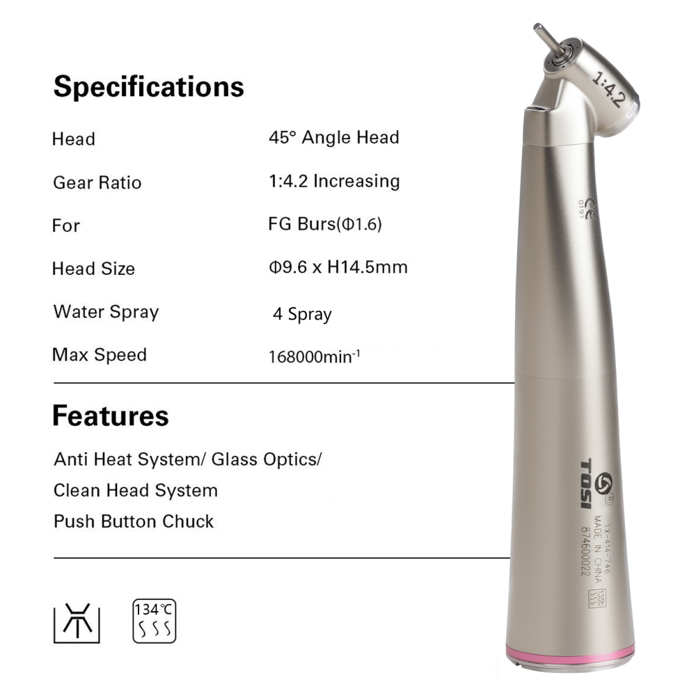 Dental LED 1:4.2 Contra Angle Handpiece Fiber Optic 45 Degree Surgical TOSI