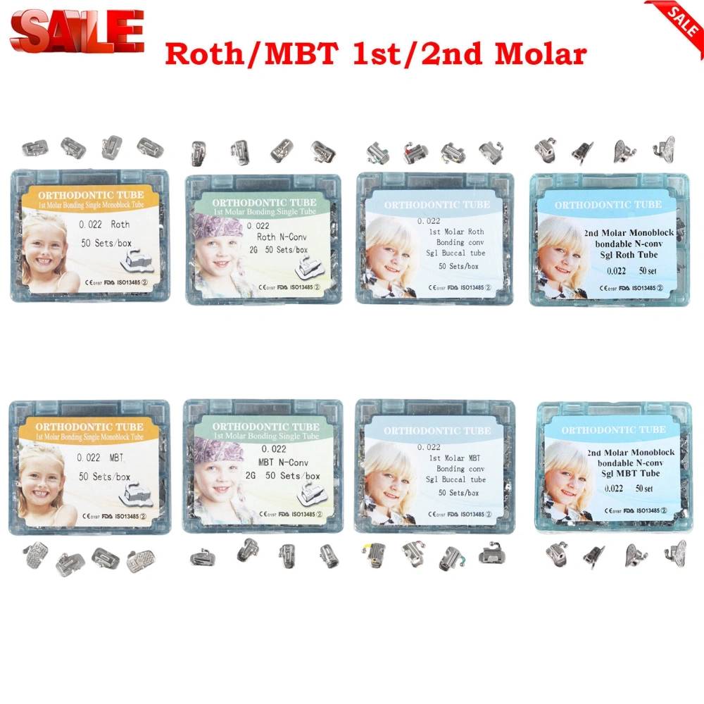 50sets/200pcs Dental Orthodontic ortho Buccal Tube 1st/2nd Molar Bondable Sgl 022 Roth/MBT