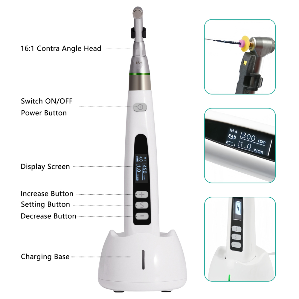 Dental Cordless LED Endo Motor 16:1 Contra Angle/Apex Locator Root Canal Finder/Files