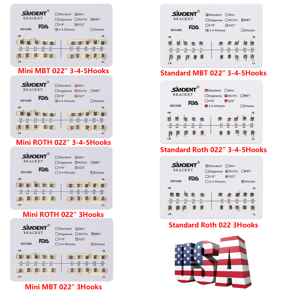 Dental Metal Orthodontic Ortho Bracket Braces Roth/MBT 022" Slot 3/345 hooks Standard/Mini