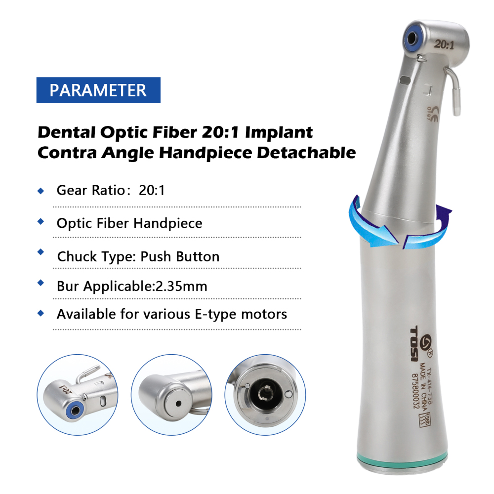 Dentale LED Fiber Optic 20:1 Implant Contra Angle Handpiece Detachable Head TOSI
