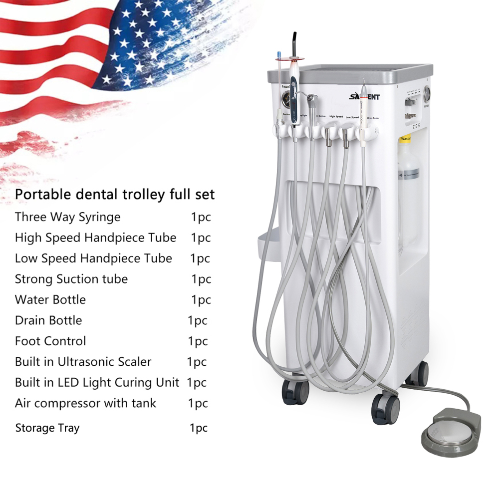 Dental Cart Delivery Unit w/ Air Compressor + LED Curing Light + Scaler handpiece