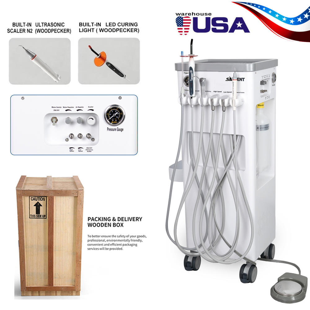 Dental Cart Delivery Unit w/ Air Compressor + LED Curing Light + Scaler handpiece