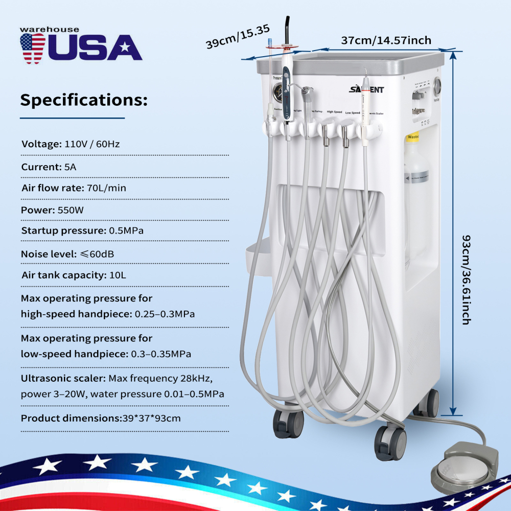 Dental Cart Delivery Unit w/ Air Compressor + LED Curing Light + Scaler handpiece