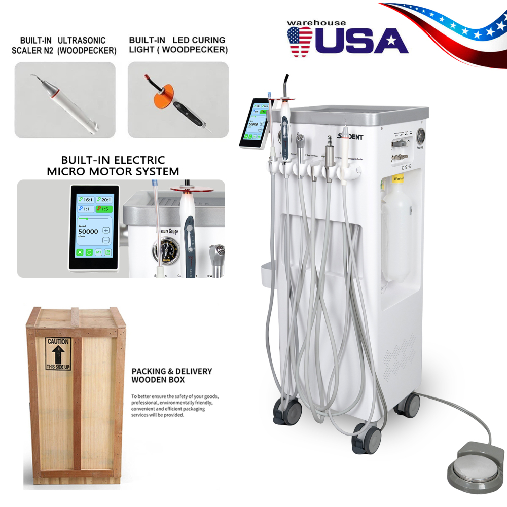 Dental Cart Delivery Unit w/ Air Compressor + Electric Motor + LED Curing Light + Scaler handpiece