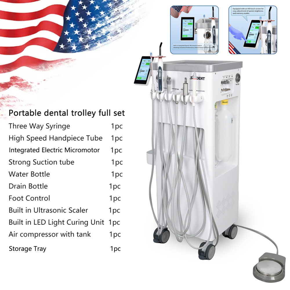 Dental Cart Delivery Unit w/ Air Compressor + Electric Motor + LED Curing Light + Scaler handpiece