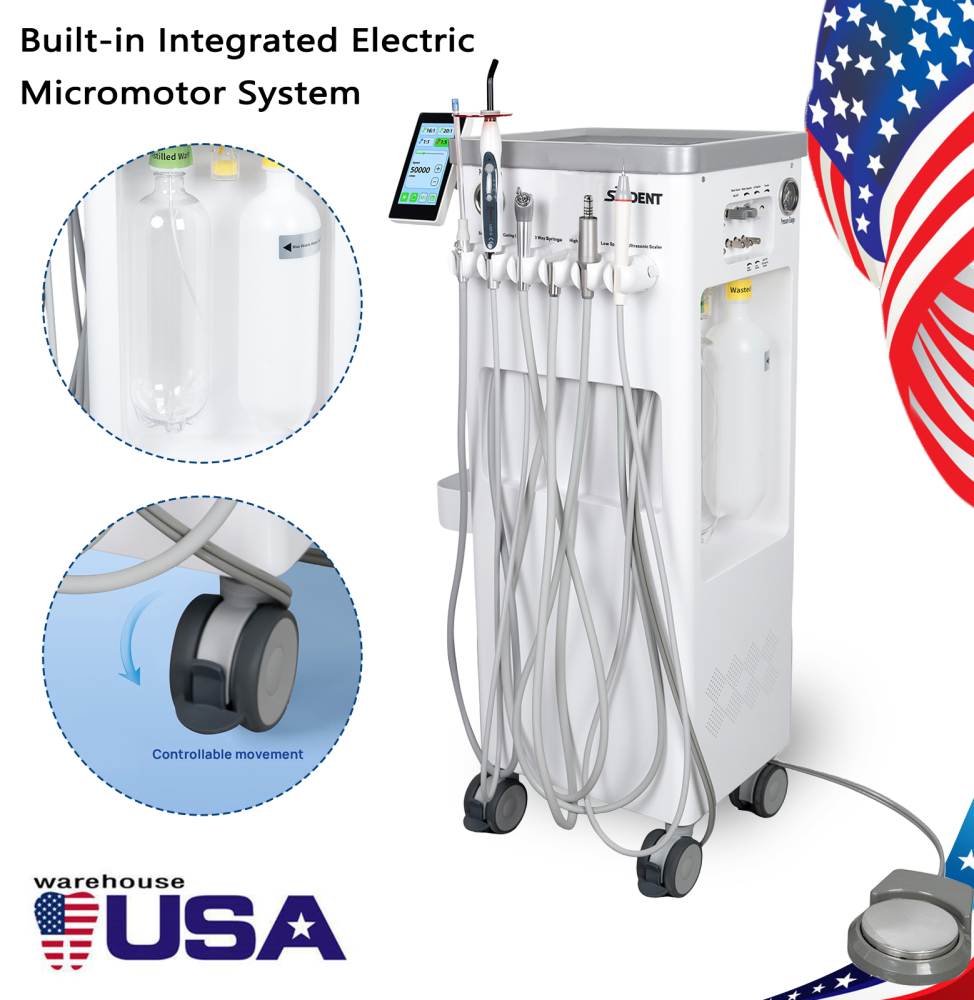 Dental Cart Delivery Unit w/ Air Compressor + Electric Motor + LED Curing Light + Scaler handpiece