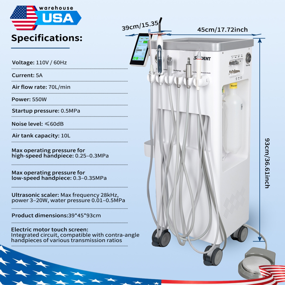 Dental Cart Delivery Unit w/ Air Compressor + Electric Motor + LED Curing Light + Scaler handpiece
