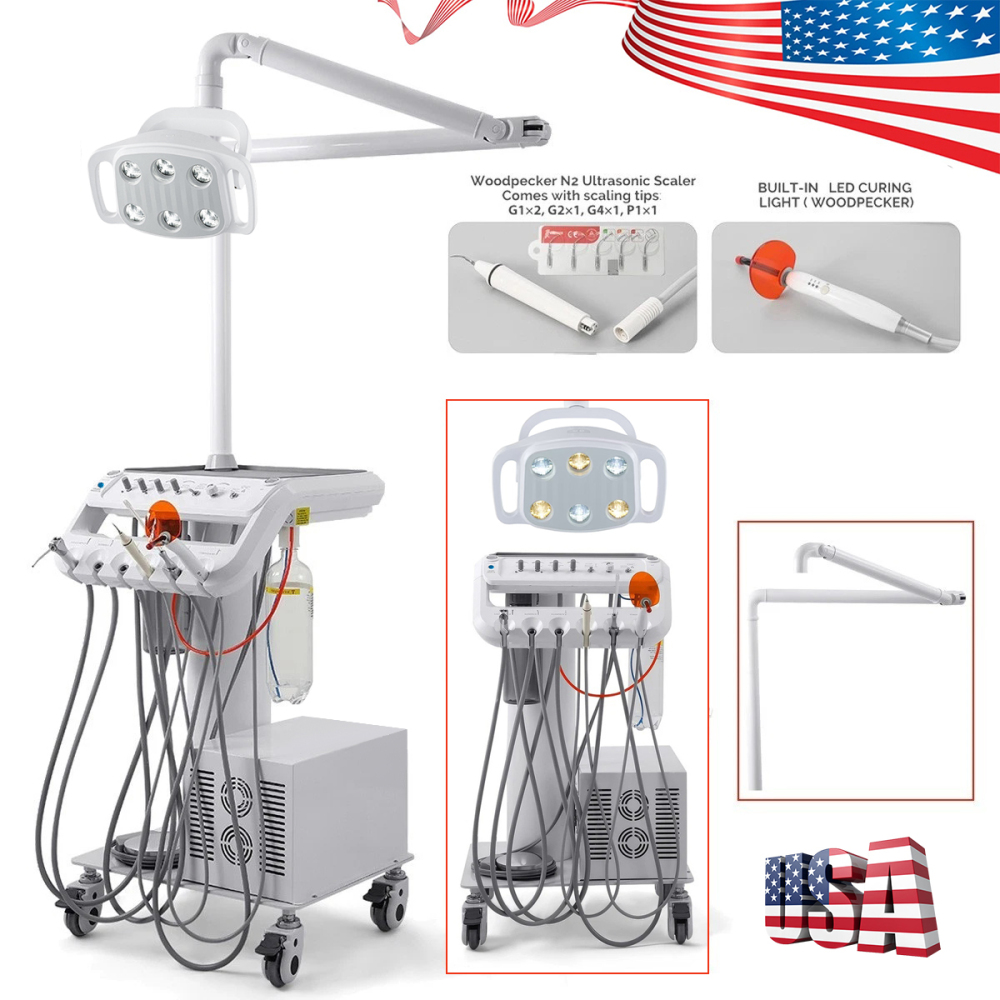 Dental Delivery Unit Cart w/ Air Compressor + scaler handpiece+curing light+ Surgical oral Lamp