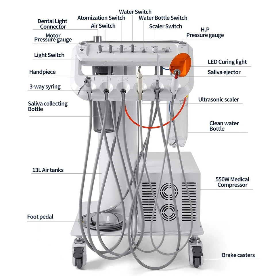 Dental Delivery Unit Cart w/ Air Compressor + scaler handpiece+curing light+ Surgical oral Lamp