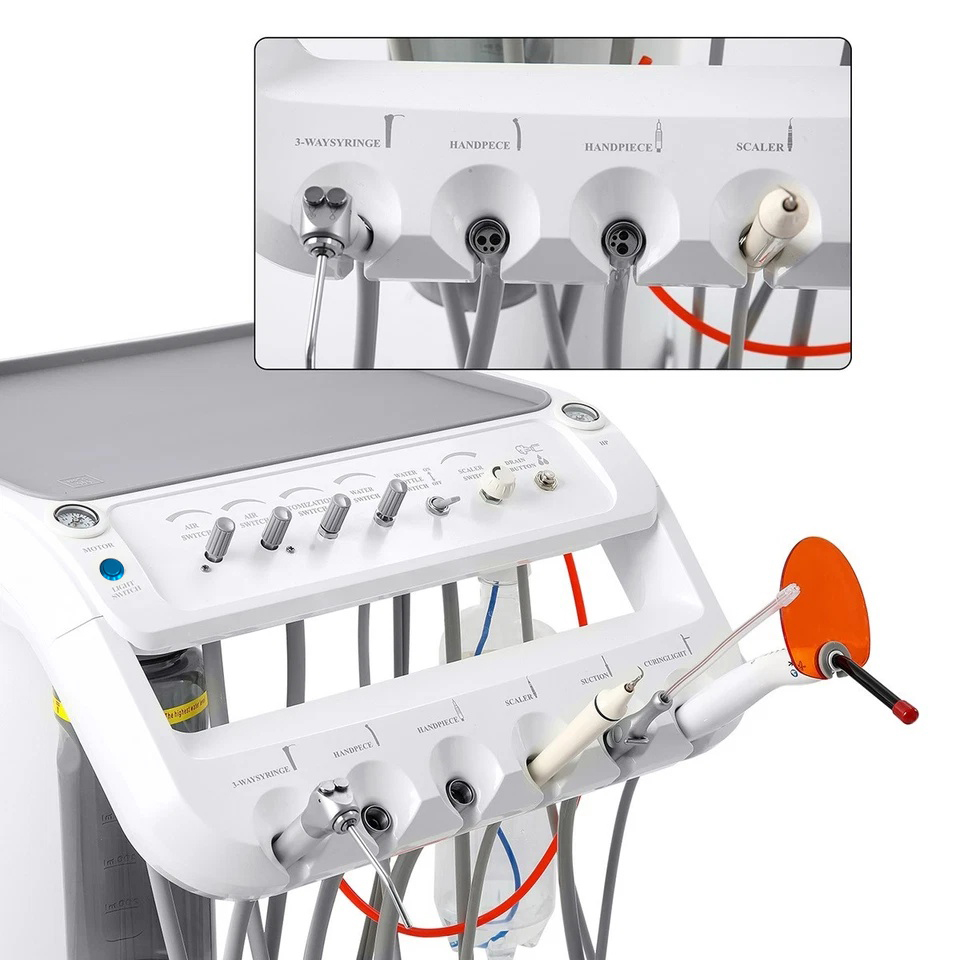 Dental Delivery Unit Cart w/ Air Compressor + scaler handpiece+curing light+ Surgical oral Lamp