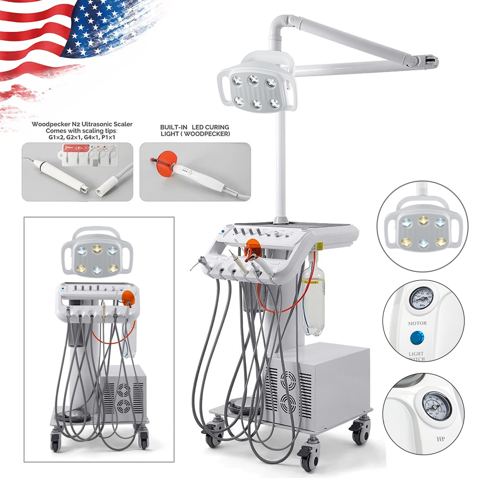 Dental Delivery Unit Cart w/ Air Compressor + scaler handpiece+curing light+ Surgical oral Lamp