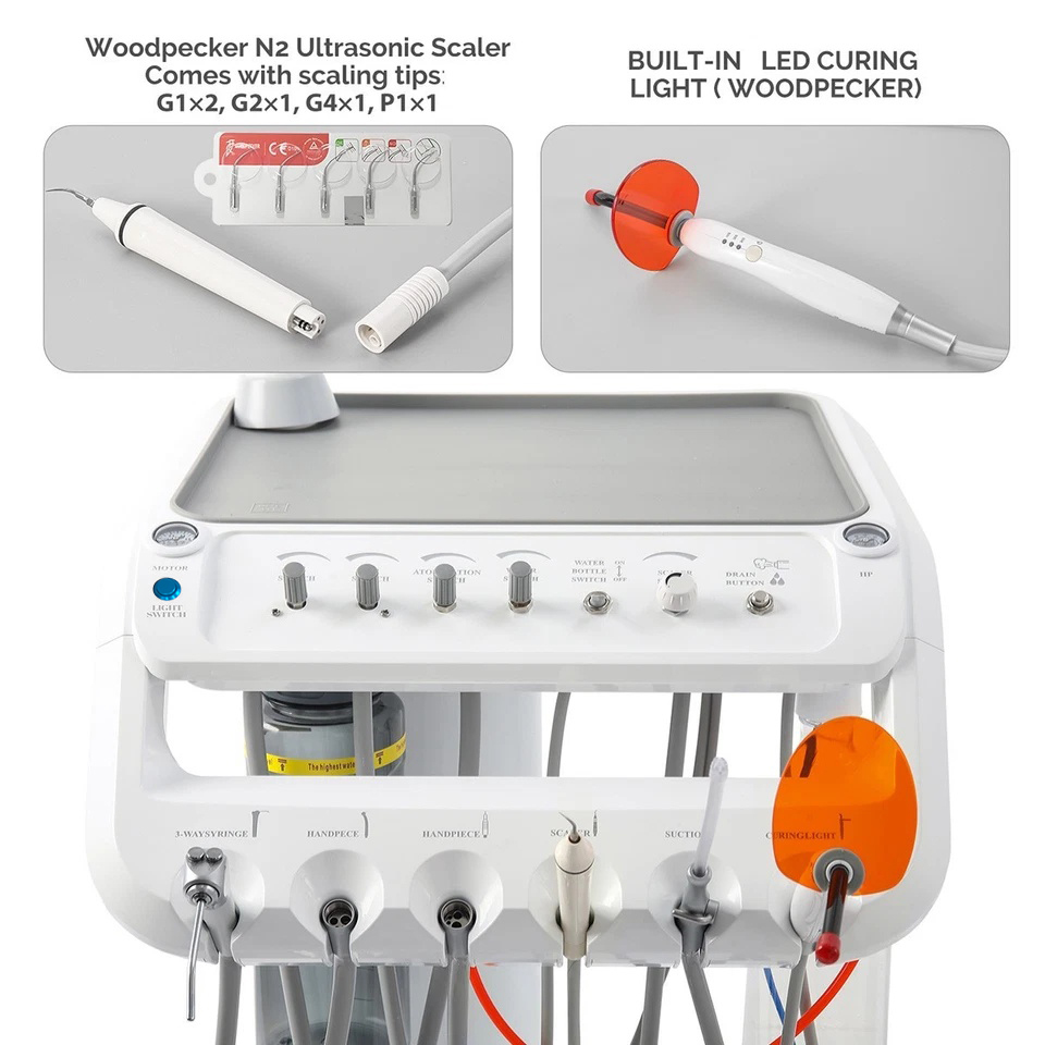 Dental Delivery Unit Cart w/ Air Compressor + scaler handpiece+curing light+ Surgical oral Lamp