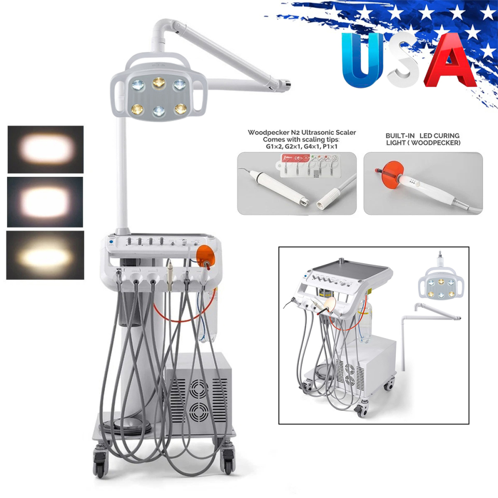 Dental Delivery Unit Cart w/ Air Compressor + scaler handpiece+curing light+ Surgical oral Lamp