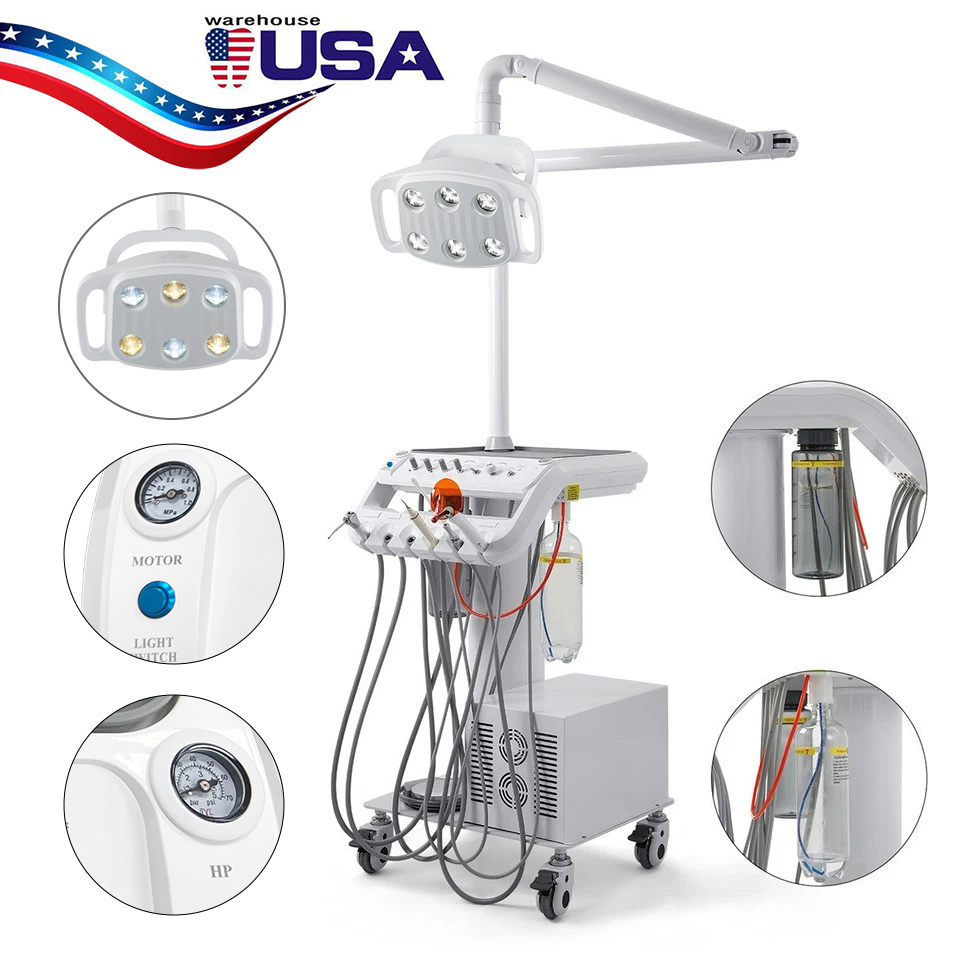 Dental Delivery Unit Cart w/ Air Compressor + scaler handpiece+curing light+ Surgical oral Lamp