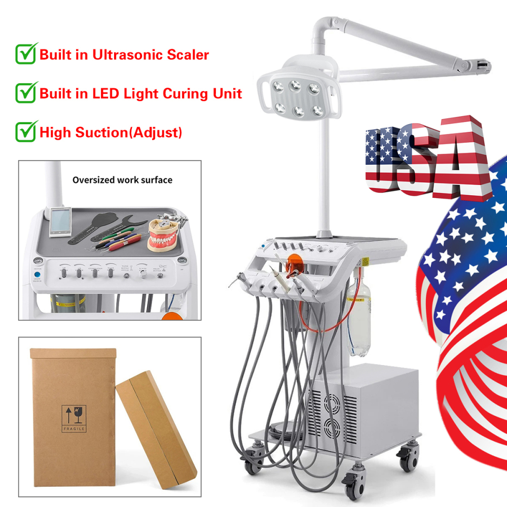Dental Delivery Unit Cart w/ Air Compressor + scaler handpiece+curing light+ Surgical oral Lamp