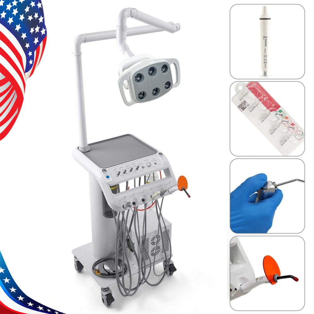 Dental Delivery Unit Cart w/ Air Compressor + scaler handpiece+curing light+ Surgical oral Lamp