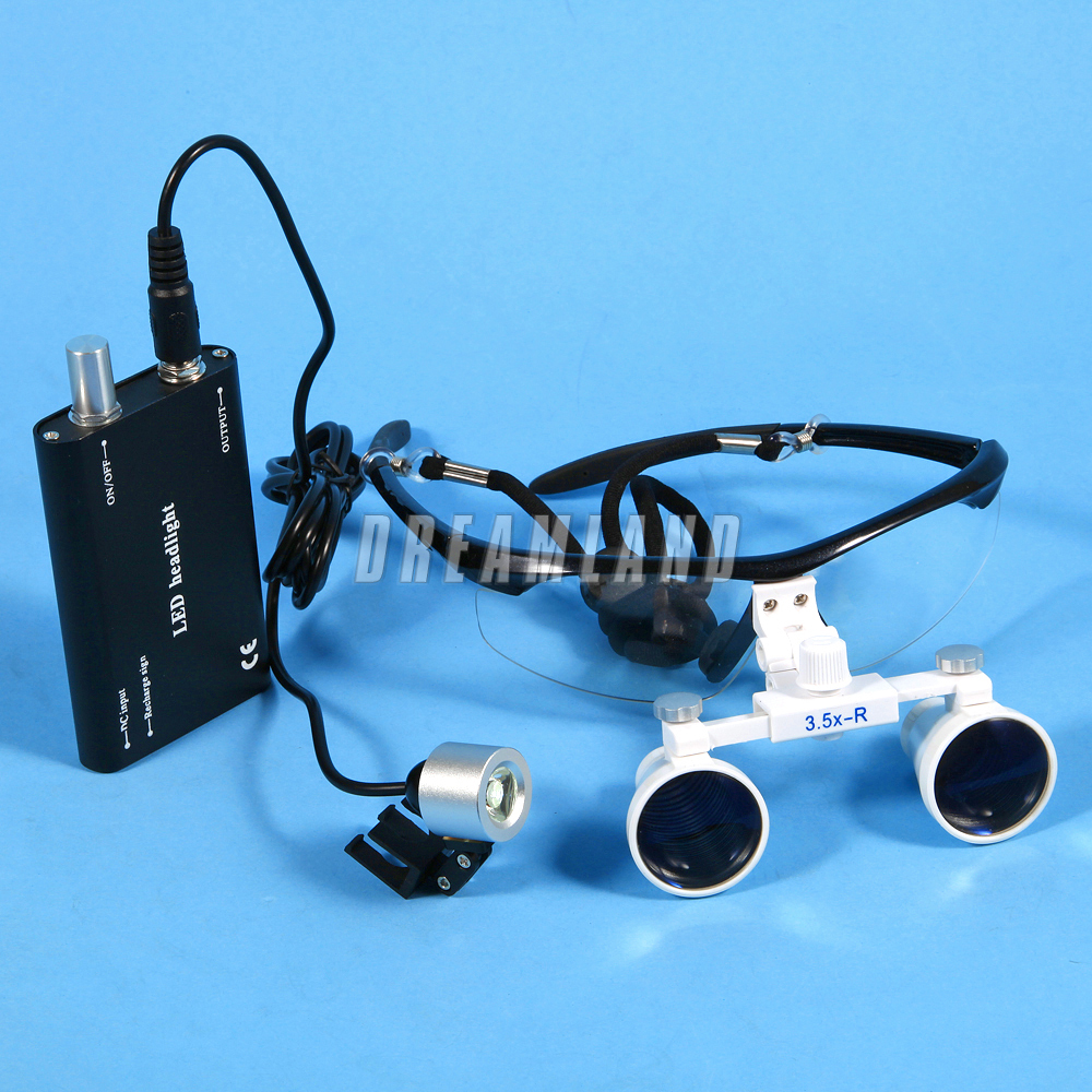 Dental Binocular Loupes 3.5X 420mm / Portable LED Head Light Lamp Rechargeable