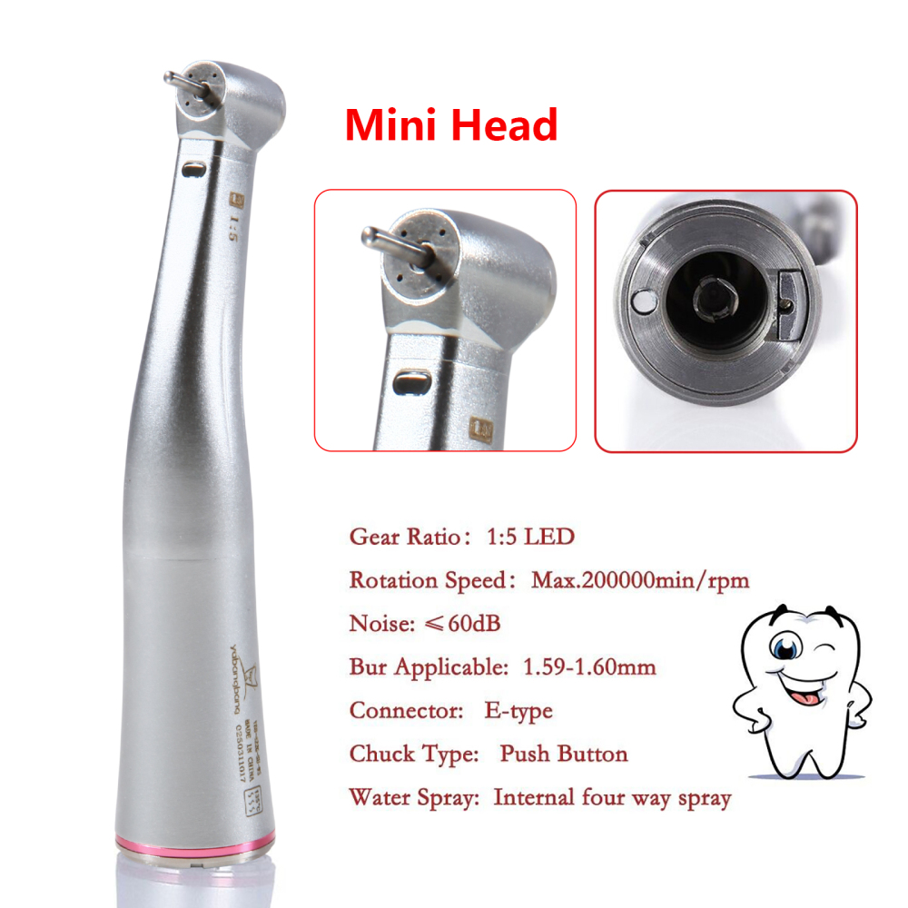 Dental 1:5 Increasing LED Contra Angle Handpiece MINI head  Fit E-type Electric Motor