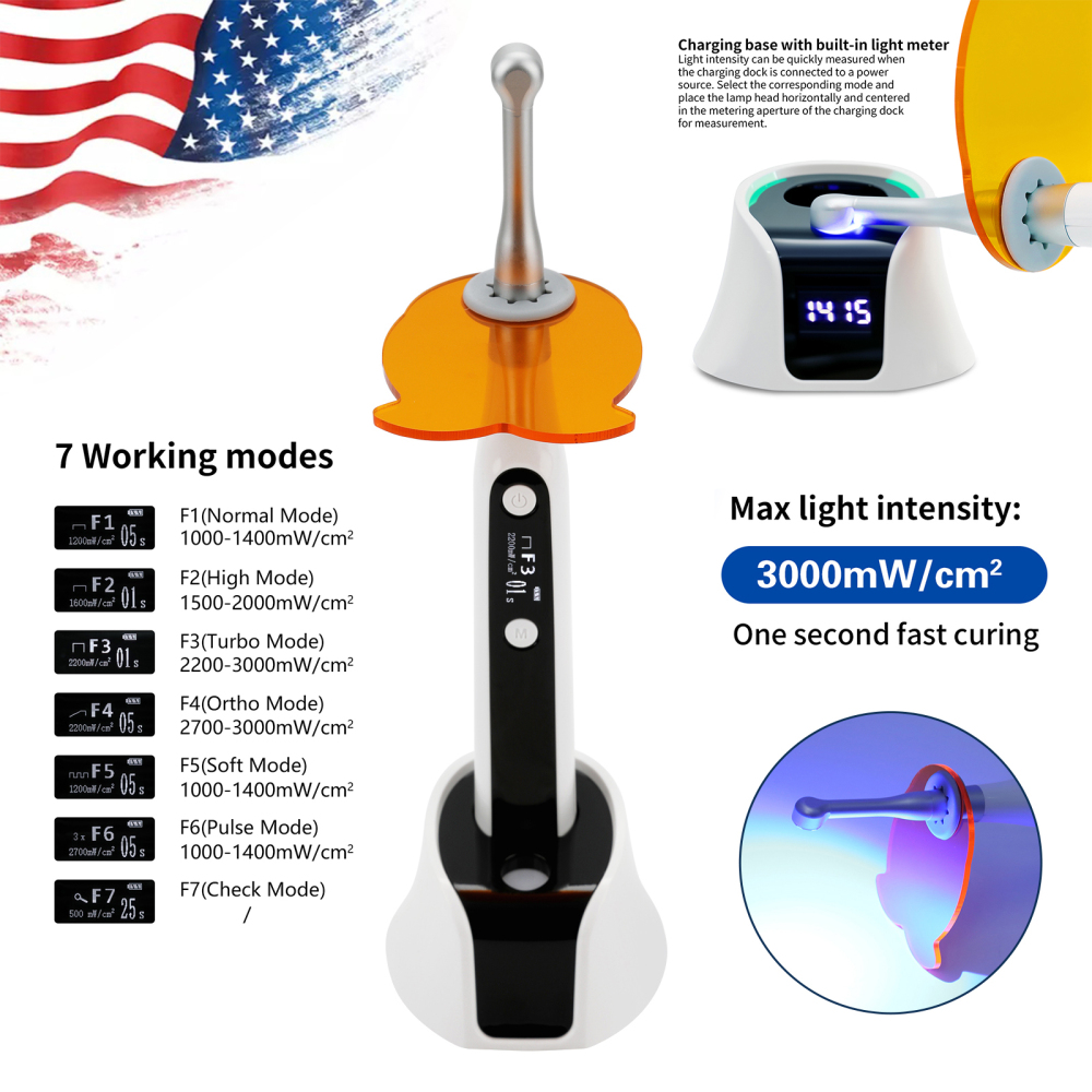 Dental Curing Light Lamp 1000–3000 mW/cm² 7 modes 1–60 seconds High Intensity