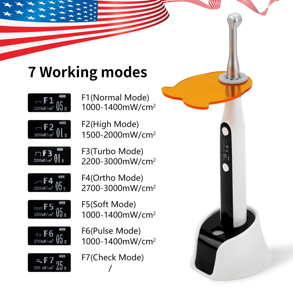 Dental Curing Light Lamp 1000–3000 mW/cm² 7 modes 1–60 seconds High Intensity