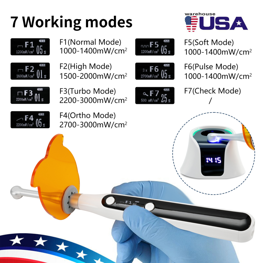 Dental Curing Light Lamp 1000–3000 mW/cm² 7 modes 1–60 seconds High Intensity